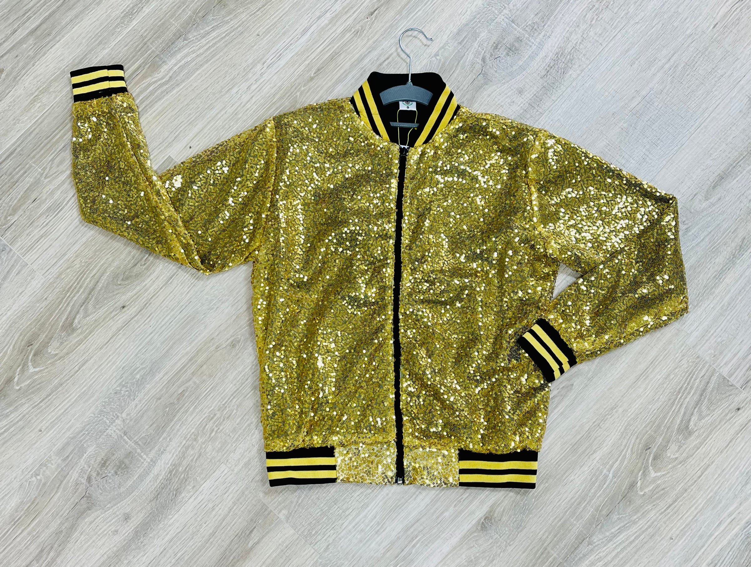  Zip Up Sequin Bomber Jacket (Color : Gold, Size